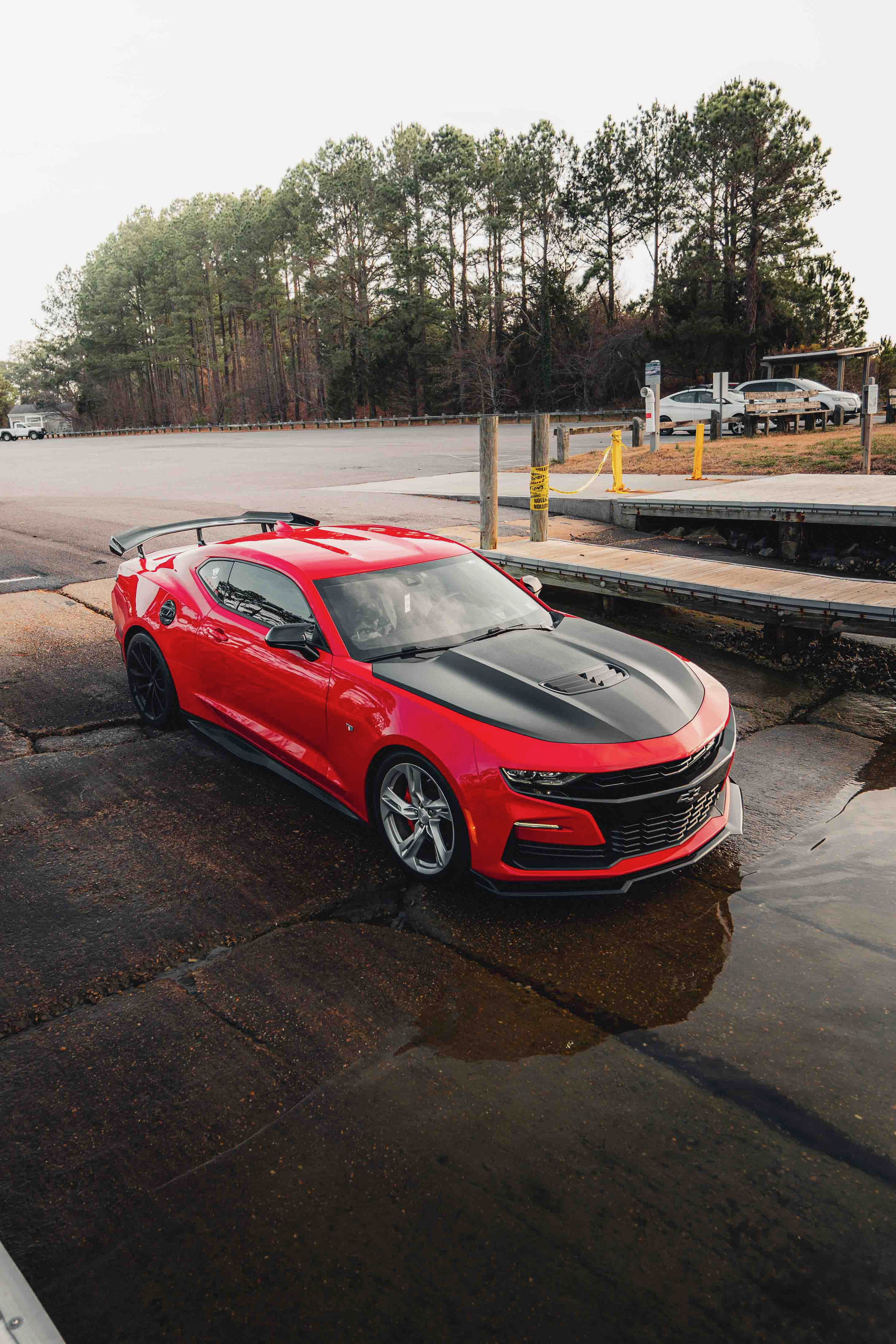Jay's red 2019 Camaro 2SS parked by the water